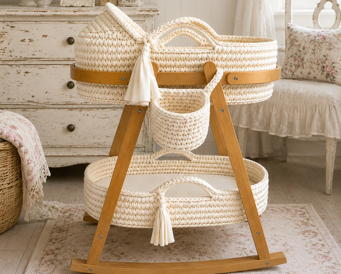 Luxury Cream Handcrafted 5 Piece Moses Basket Set